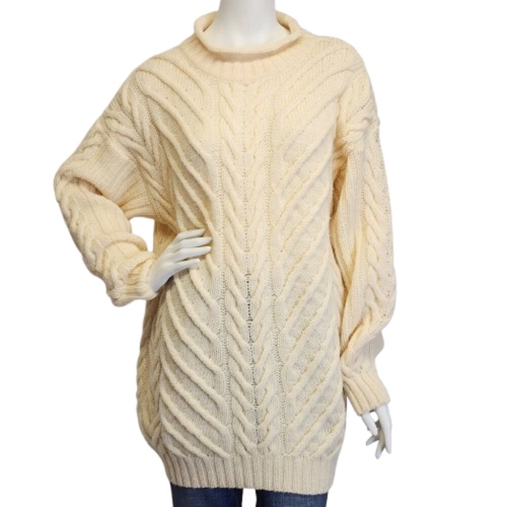 Vtg Paul James Womens Oversized S 100% Wool Roll Neck Cable Knit Sweater Irish